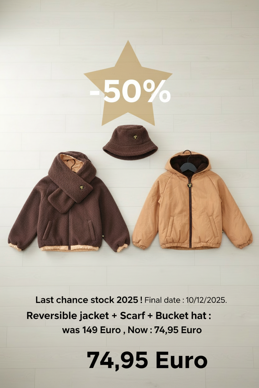 Omkeerbare jas Dusk + Sherpa Sjaal Donkerbruin + Sherpa hoedje Donkerbruin