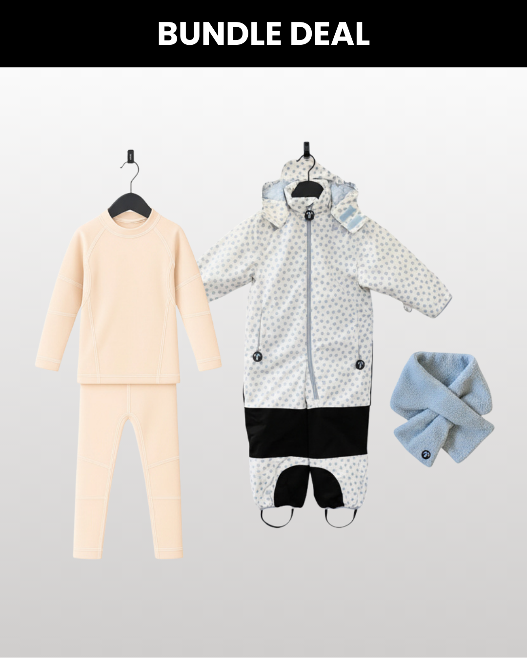 Kleinkind-Skioverall Jackie + Funktionsunterwäsche Peach + Sherpa Schal Light Blue