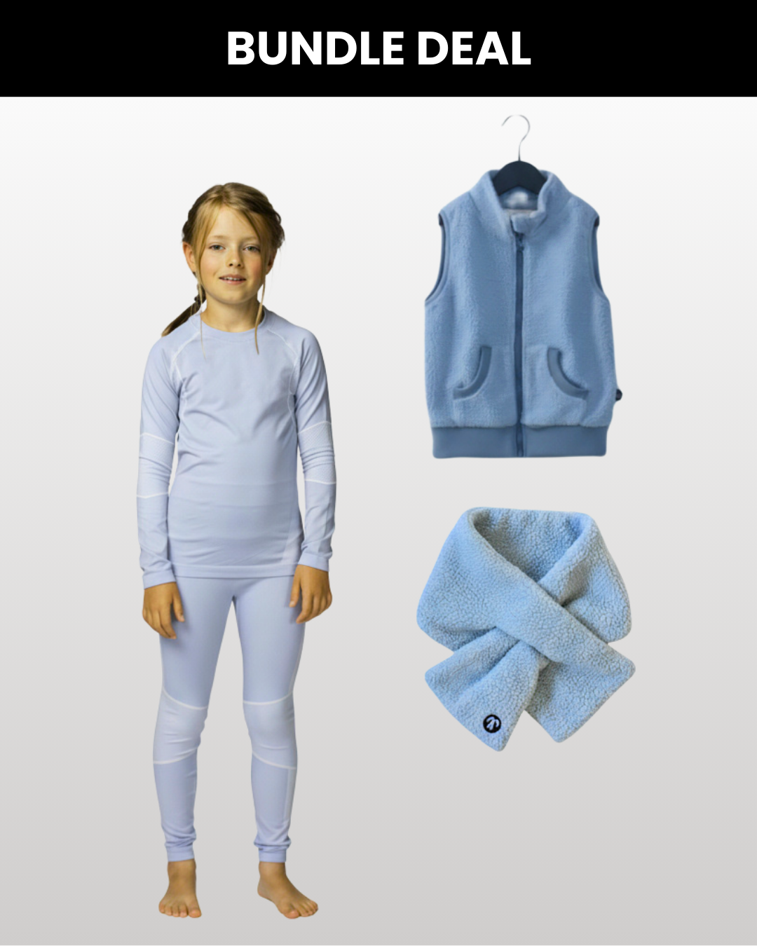 Teddy-Fleeceweste Light Blue + Funktionsunterwäsche Set Light Blue + Sherpa Schal Light Blue