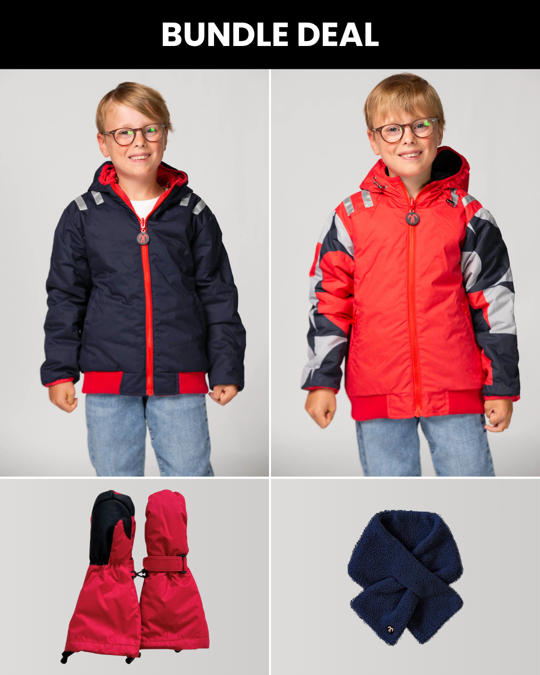 Reversible Jacket Buck + Mittens Red + Sherpa Scarf Dark Blue
