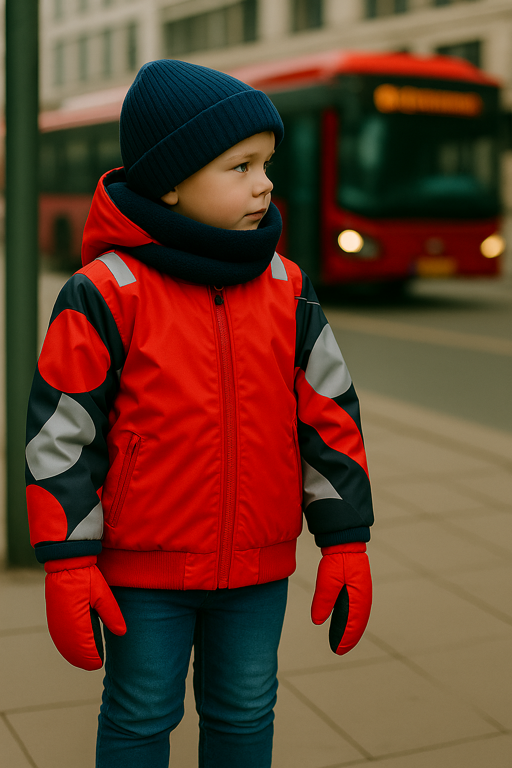 Reversible Jacket Buck + Mittens Red + Sherpa Scarf Dark Blue