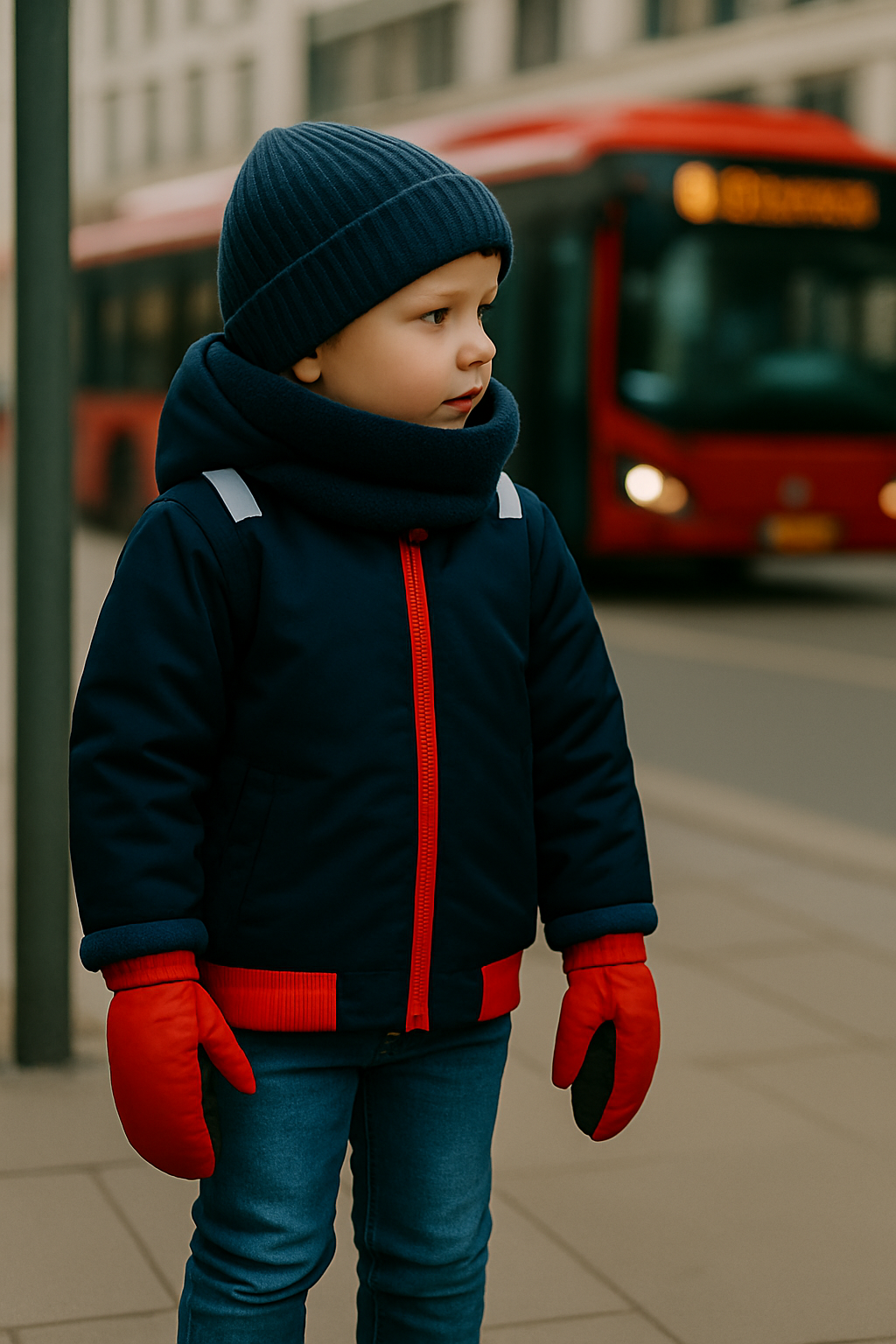 Reversible Jacket Buck + Mittens Red + Sherpa Scarf Dark Blue